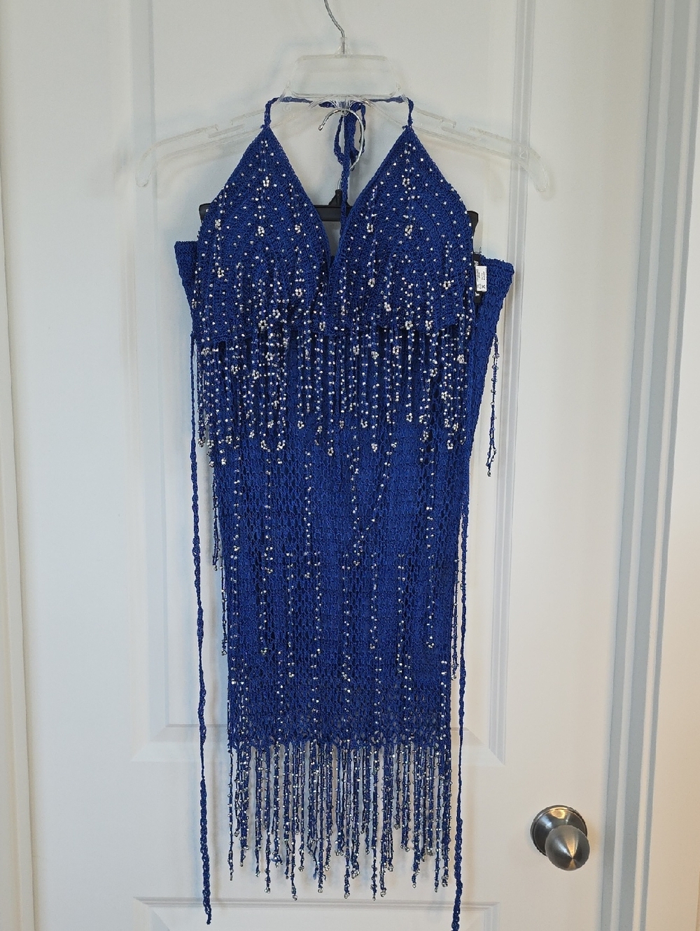 Blue And Silver Beaded Fringe Top And Skirt